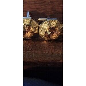 Vintage Gold-Tone Cufflinks w/ Amber Rhinestones Retro Mid-Century Men’s